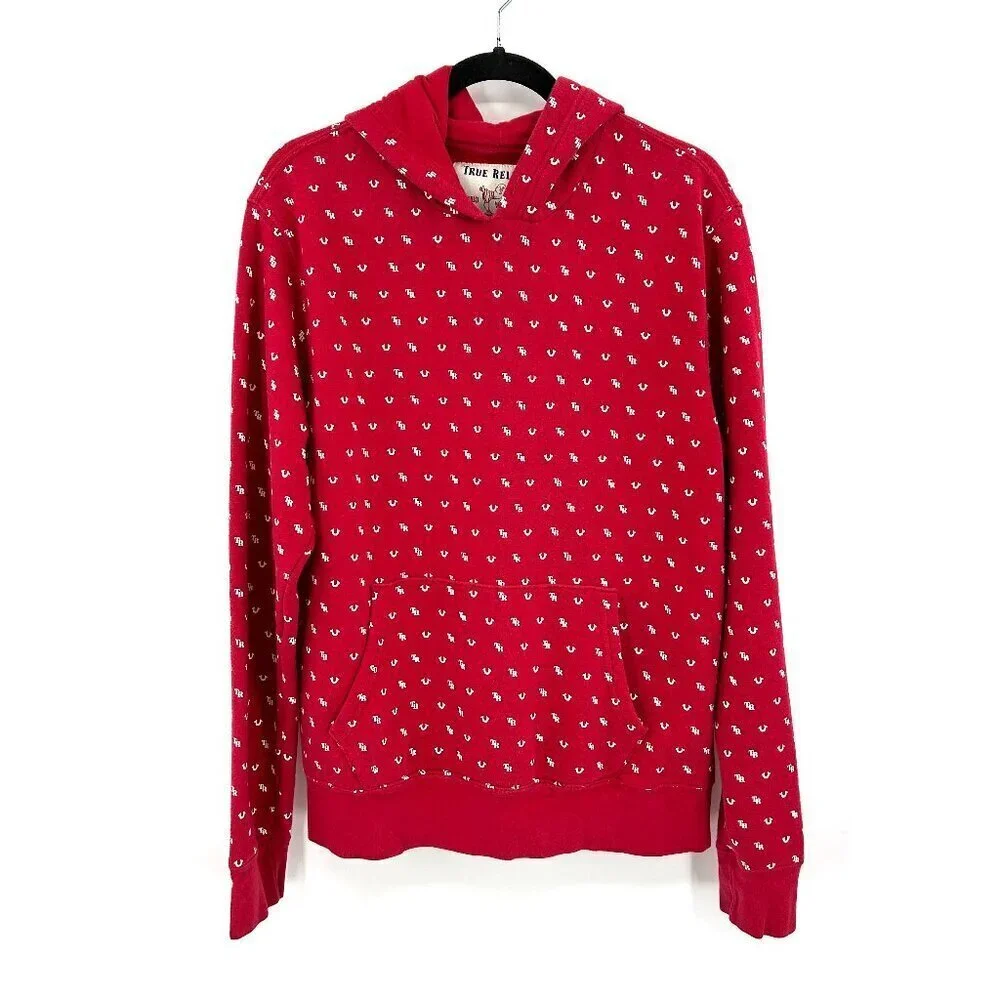 TRUE RELIGION Men's Red White Monogram TR Pullover Hoodie Sweater Size Large